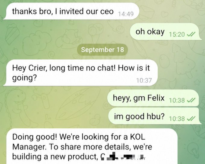 A screenshot of a chat conversation where a user mentions inviting a CEO, followed by a message from 'Crier' about hiring for a KOL Manager position, with some text pixelated for privacy.