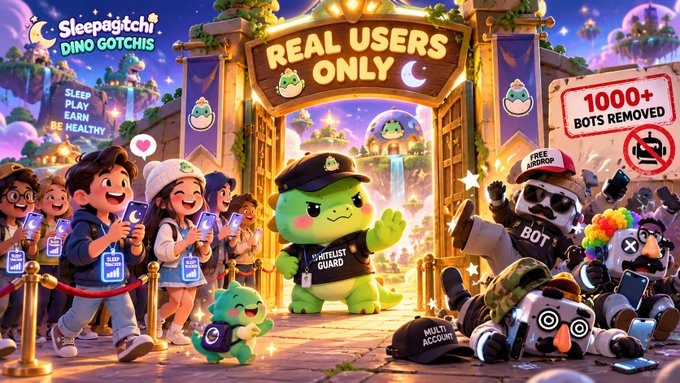 Illustrated promotional image for 'Sleepagotchi: Dino Gotchis' showing users with phones entering a 'Real Users Only' gate while a 'Whitelist Guard' stops bots, with a '1000+ Bots Removed' sign.
