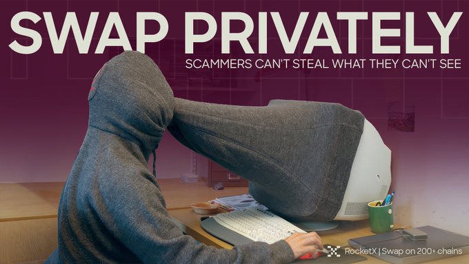 An advertisement for RocketX featuring a person in a hoodie whose head is being pulled off by a blanket pulled over a computer monitor, with text 'SWAP PRIVATELY - SCAMMERS CAN'T STEAL WHAT THEY CAN'T SEE - RocketX | Swap on 200+ chains'.