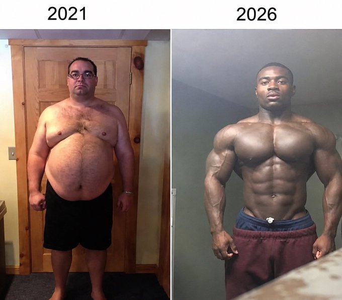 The image is a split-panel before-and-after comparison labeled "2021" on the left and "2026" on the right, showing a dramatic physical transformation: the left side depicts a heavyset, shirtless man standing in front of a wooden door, while the right side shows a muscular, lean, and defined physique posing shirtless in what appears to be a gym or locker room setting. This transformation aligns with the accompanying post, which announces a giveaway where participants choose between $200 USDT or 2x Solana, with the winner drawn via random number generator in 12 hours and limited to one entry per person (excluding multi-accounts), and the caption "Years at the gym finally paid dividends," referencing the visible results of years of dedicated training and fitness commitment.