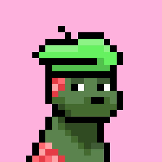 A pixel art image of a green dinosaur wearing a green hat with a red tongue sticking out, on a pink background.