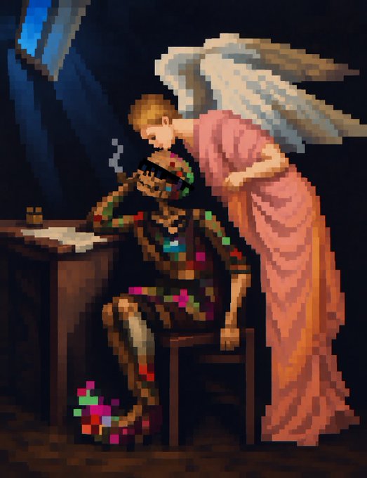 A pixelated painting depicting an angel in pink and white robes leaning over a seated, armored figure with colorful accents.