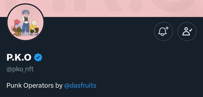 The Twitter profile for P.K.O. (@pko_nft) features cartoon characters and states "Punk Operators by @dasfruits," aligning with the post's mention of "@pko_nft by @Dasfruits."