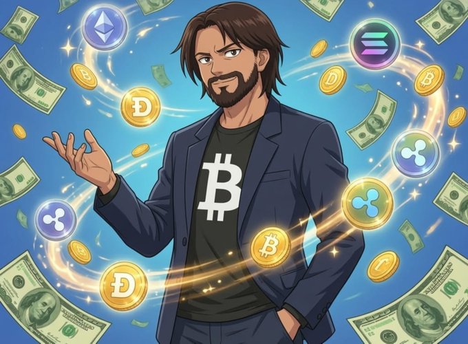 An anime-style illustration of a bearded man wearing a '₿' Bitcoin shirt, surrounded by floating cryptocurrencies including ETH, SOL, DOGE, XRP, and USD bills.