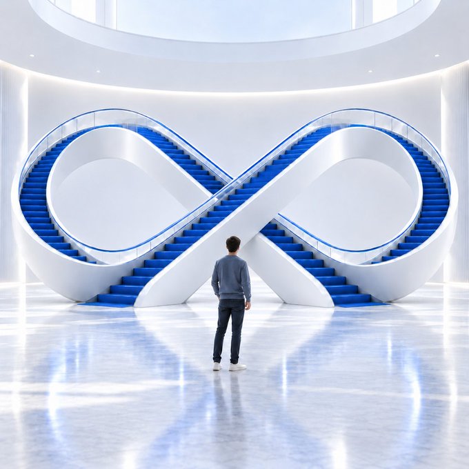 A person stands in a bright, futuristic white hall facing a massive infinity symbol made of a blue-carpeted staircase.