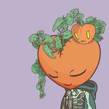 Digital illustration of a character with a large, orange, round head and closed eyes, sprouting green leafy vines and small heart-shaped creatures from the top, set against a solid light purple background.