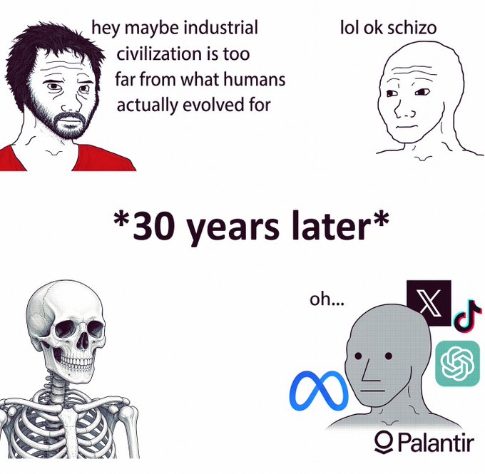 A four-panel meme using Wojak characters discussing how 'industrial civilization is too far from what humans actually evolved for,' joking that after '30 years later' society has devolved into nihilism represented by tech companies like Meta, X, TikTok, ChatGPT, and Palantir.