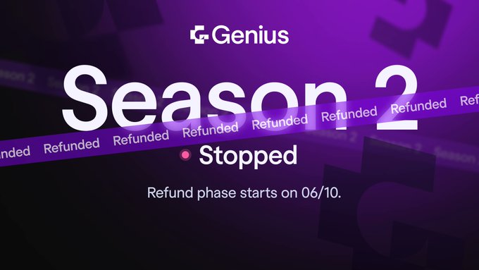 A digital banner with a purple background announcing 'Genius Season 2' marked as 'Stopped', with repeating 'Refunded' text and the message 'Refund phase starts on 06/10'.