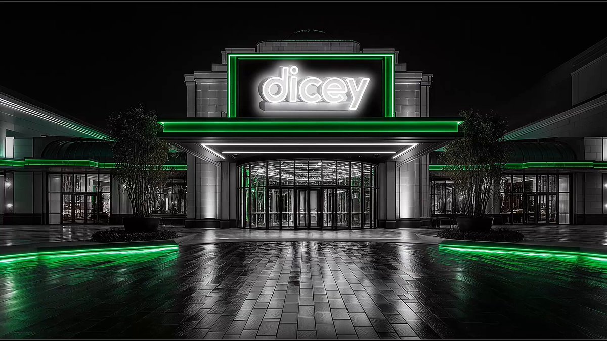 The image features a large neon sign for a casino called "Dicey" that is lit up with green lights, making it stand out against the dark background. The sign is located at the entrance of the casino, which has a parking lot in front of it. There are also trees visible near the entrance, adding to the overall ambiance of the scene.