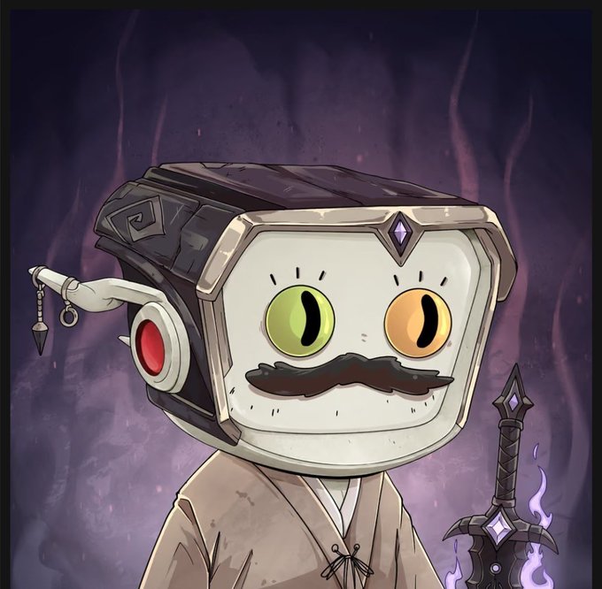 A digital illustration of a square-headed character with heterochromia (one green, one yellow eye) and a mustache, holding a purple sword and wearing a monocle against a purple background.