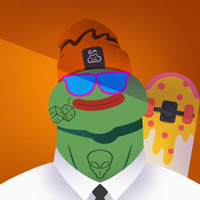 A colorful digital illustration of a Pepe the Frog character wearing a beanie, blue sunglasses, and a shirt, with a skull logo on its chest, holding dice and standing beside a pizza-shaped skateboard.