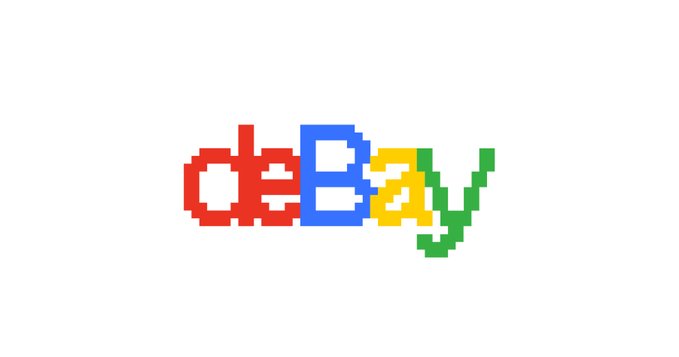 The image prominently displays the pixelated word "deBay" in the iconic Google logo colors, signaling the launch of a new marketplace for DeGods NFTs. This directly relates to the post's announcement of deBay as the exclusive platform for purchasing DeGods.