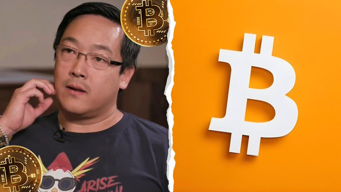 A man with glasses appears on the left side of a split-image graphic, accompanied by small Bitcoin coin icons, while the right side features a large white Bitcoin "₿" symbol on an orange background, visually reinforcing the post's claim that Litecoin's creator Charlie Lee advocates for Bitcoin as the superior long-term hold.