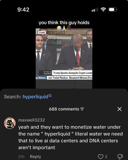 A screenshot of a TikTok comment on a video captioned 'you think this guy holds' showing Trump alongside crypto leaders, with a comment from maxwell3232 discussing 'hyperliquid' and AI data centers.
