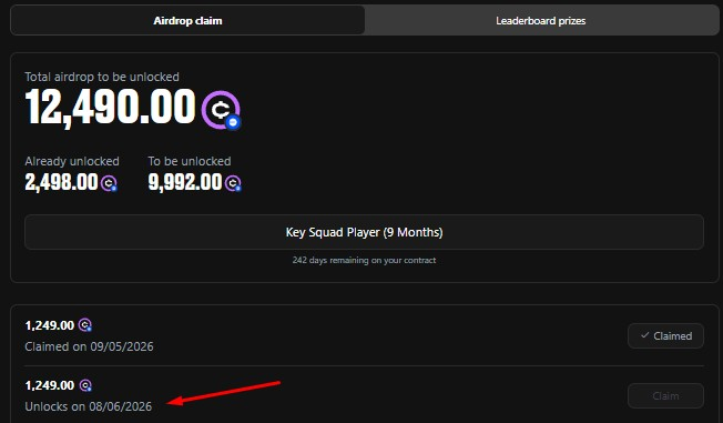 The image features a screenshot of a website called fanpass.onefootballclub.world, where a user has claimed their victory for becoming an Airdrop Champion with a Key Squad Player badge after successfully logging into the site. The text on the image provides information about how to claim this victory or what users need to do in order to be able to access it. There is also a screenshot of the claim portal, which can be helpful for verifying one's status as an Airdrop Champion. In addition, there is a button with the number "1" and the date "24.08.2006", likely representing the time users need to click or enter their details to complete the claim process.