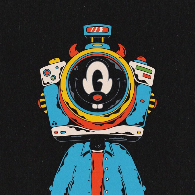 An illustration of a character with a colorful, mechanical head featuring horns and a central white symbol, wearing a blue shirt and red tie.