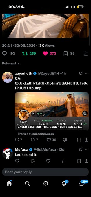 A mobile X (Twitter) screenshot showing a post about a meme coin called '$ZAYED - The Golden Bull' on the Solana network, featuring contract address, 289% MCAP increase, and trading metrics.
