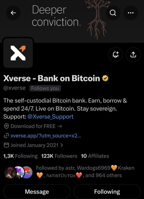 Screenshot of the @xverse Twitter profile (Xverse - Bank on Bitcoin), which aligns with the post's praise by showing a Bitcoin-focused self-custodial wallet with 123K followers and a "Deeper conviction" header reflecting its dedication to the Bitcoin ecosystem.