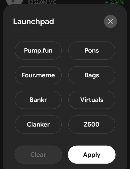 A mobile app's 'Launchpad' filter menu displays options including Pump.fun, Pons, Four.meme, Bags, Bankr, Virtuals, Clanker, and Z500, with Clear and Apply buttons at the bottom.