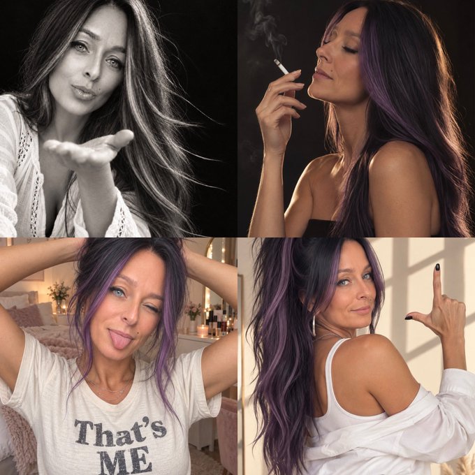 A collage of four photos showing a woman with long hair, featuring both black-and-white and color portraits of her blowing a kiss, smoking, sticking out her tongue in a 'That's ME' shirt, and pointing with purple-streaked hair.