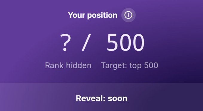 A purple screen displays 'Your position ? / 500' with 'Rank hidden', 'Target: top 500', and 'Reveal: soon' below.