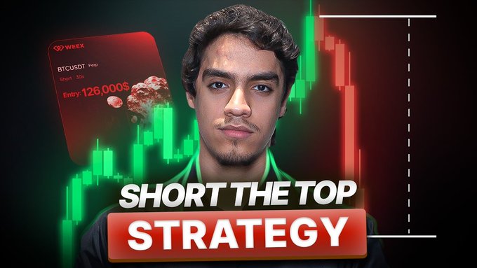A YouTube thumbnail featuring a young man with the text 'SHORT THE TOP STRATEGY' and a graphic showing a short position on BTCUSDT Perp on WEX at $126,000.