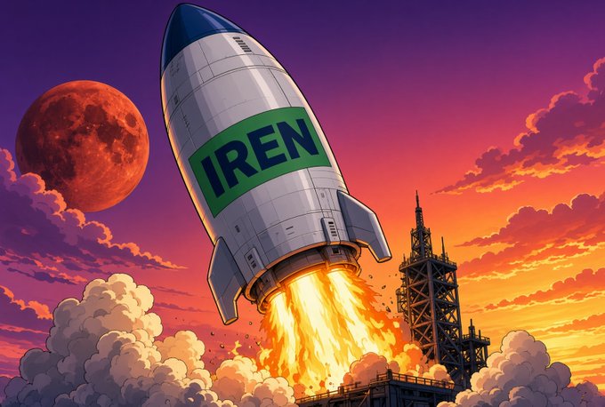 A digital illustration of a rocket blasting off with 'IREN' branded on its side, set against a vibrant sunset sky with a red moon.
