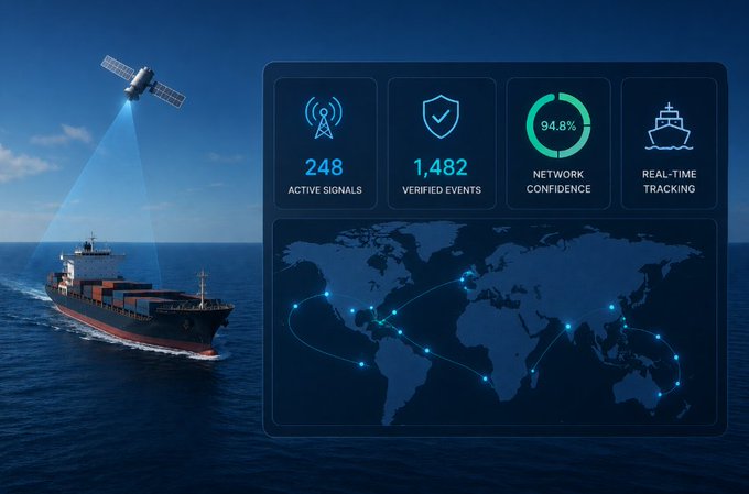 A digital dashboard showing maritime tracking data with metrics "248 ACTIVE SIGNALS", "1,482 VERIFIED EVENTS", "94.8% NETWORK CONFIDENCE", and "REAL-TIME TRACKING", alongside an image of a cargo ship and a world map.