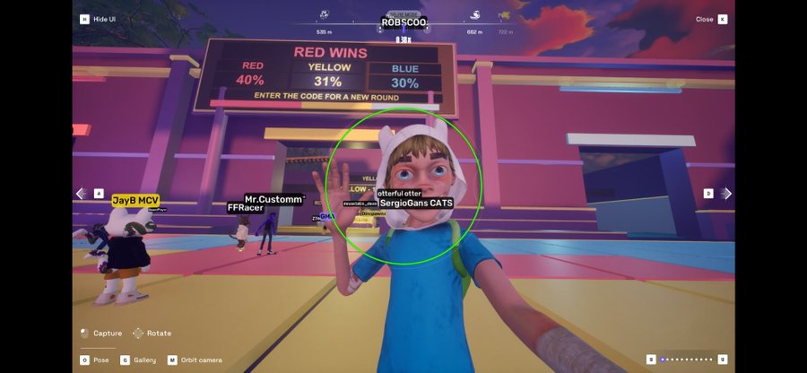 A character named 'SergioGans CATS' wearing a Finntroll hoodie waves from within a green circle, while other players and a 'RED WINS' leaderboard appear in the background.