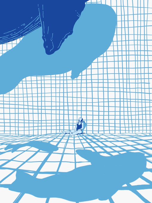 A digital illustration of a person sitting on the floor of a blue and white gridded room, appearing small next to a large blue silhouette overhead.