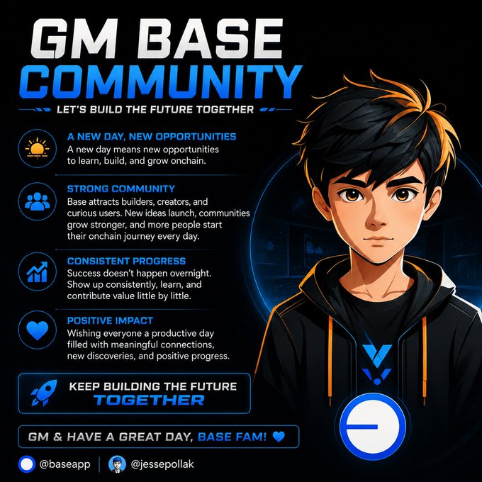 The image features a cartoon boy wearing a hoodie with an "E" on his shirt. The background of the image is black, making the boy stand out prominently. Below him, there's text that reads "GM Base Community". This text highlights the purpose and theme of the image - to promote the GM Base community as a place where people can come together to learn, build, and grow their skills in Web3 technology. The cartoon character serves as an engaging visual representation of this message, drawing attention to the content within the image.