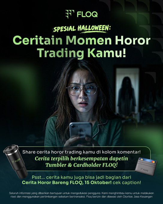 A Floq promotional graphic advertises a Halloween special titled 'Ceritain Momen Horor Trading Kamu!' featuring a woman looking shocked at her phone with a ghostly figure behind her.