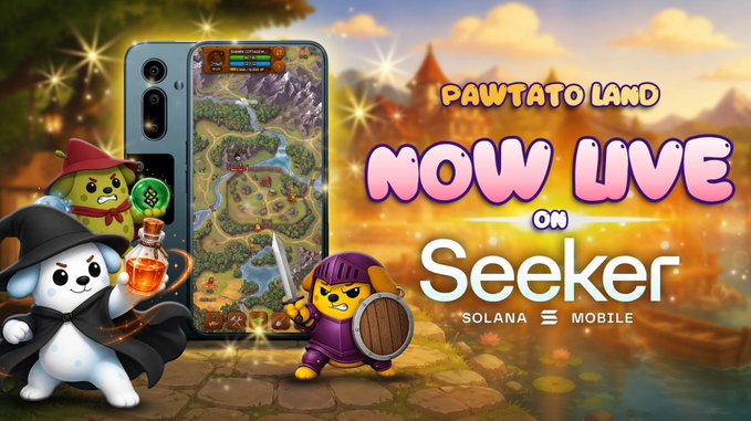 Promotional artwork announcing "PAWTATO LAND NOW LIVE ON Seeker SOLANA MOBILE," featuring cute cartoon characters including a witch-puppy and a knight pug alongside a smartphone displaying the game, with a fantasy landscape background. The image visually reinforces the post's message about the play-to-earn NFT MMO launching on the Solana dApp Store for Seeker devices.