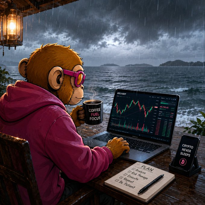 A digital illustration of a monkey wearing pink glasses and a red hoodie, analyzing BTC/USDT charts on a laptop while drinking from a 'COFFEE FUEL FOCUS' mug by the sea in the rain, with a phone displaying 'CRYPTO NEVER SLEEPS' nearby.