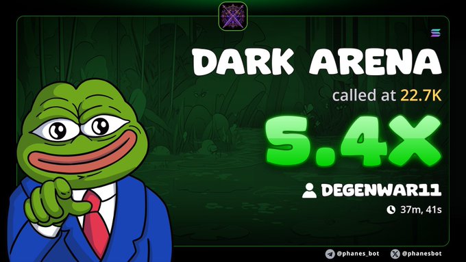 A promotional graphic for 'DARK ARENA' featuring a Pepe frog character in a blue suit, showing a multiplier of 5.4x called at 22.7K by user DEGENWAR11, with a timer of 37m 41s.