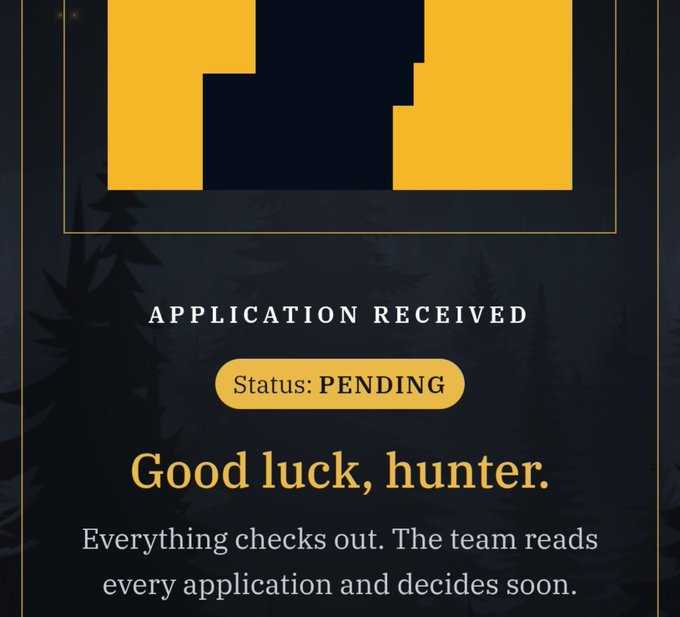 A "M" logo application status confirmation card displays "APPLICATION RECEIVED" with "Status: PENDING" and the message "Good luck, hunter. Everything checks out. The team reads every application and decides soon," likely referencing a Bitfoot NFT community whitelist application submission.