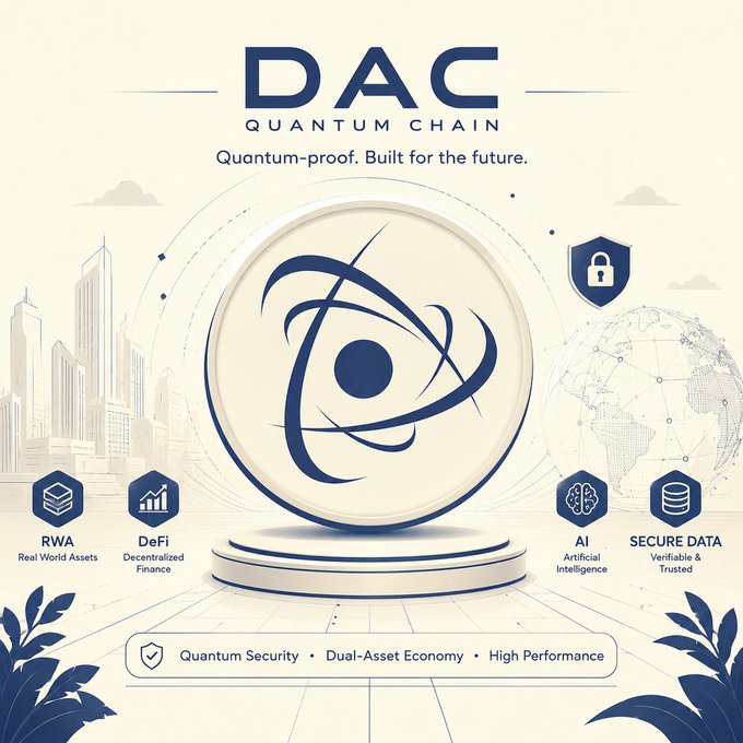 Marketing graphic for 'DAC Quantum Chain' with the tagline 'Quantum-proof. Built for the future.' highlighting features like RWA, DeFi, AI, and Secure Data.