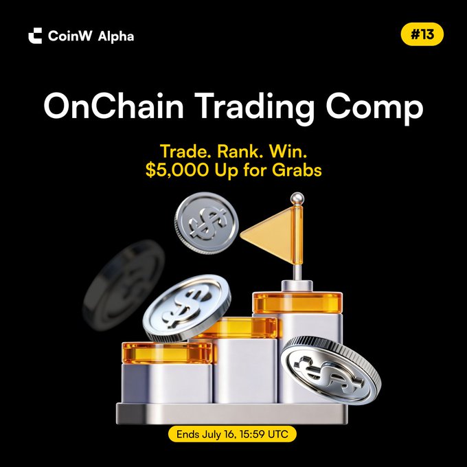 CoinW Alpha promotional banner for an 'OnChain Trading Comp' with the slogan 'Trade. Rank. Win. $5,000 Up for Grabs,' featuring 3D silver coins stacked on a podium with a yellow flag, ending July 16 at 15:59 UTC.