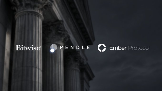 A dark image of classical building columns displays the logos 'Bitwise', 'PENDLE', and 'Ember Protocol' across the center.