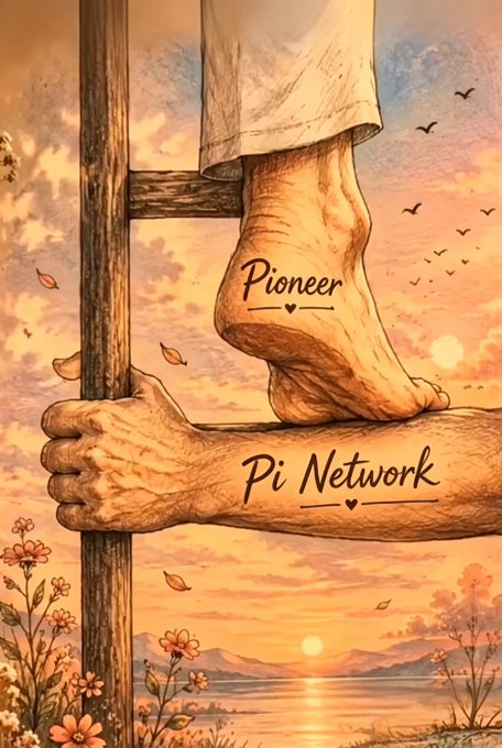 An illustration of bare feet on a wooden ladder with tattoos reading 'Pioneer' and 'Pi Network' against a sunset landscape background.