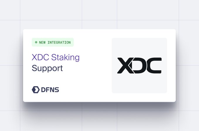 A promotional graphic announcing a new integration for XDC Staking Support by DFNS, featuring a green "NEW INTEGRATION" tag, the XDC logo, and the DFNS branding. The visual highlights DFNS's latest staking support for XDC Network, aligning with the post's announcement that institutions can now stake their XDC holdings while maintaining full custody.