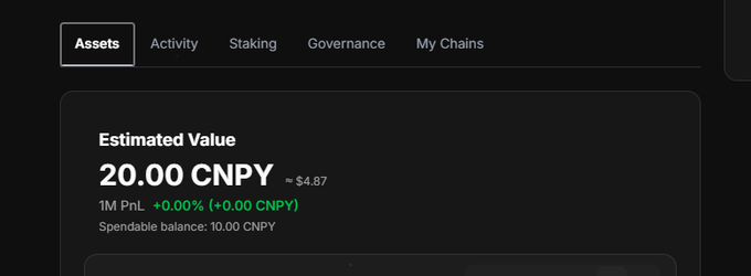 A dark-mode cryptocurrency wallet interface showing an 'Assets' tab with an 'Estimated Value' of '20.00 CNPY' (~$4.87) and a spendable balance of '10.00 CNPY'.