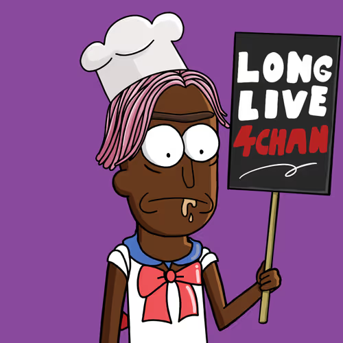 A cartoon-style drawing of a character with pink hair, a chef's hat, and a red bow holding a black sign that reads 'LONG LIVE 4CHAN' in white and red text.