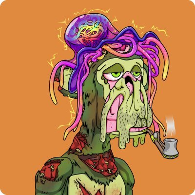 A psychedelic cartoon of a green, zombie-like figure with a purple jellyfish for a head, drooling green slime and smoking a pipe, set against an orange background.