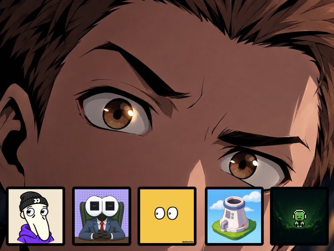 A close-up anime-style illustration of an intense character with brown eyes and dark hair, with a row of five cartoon character icons displayed at the bottom.
