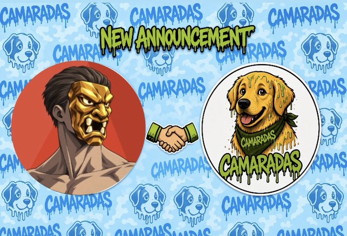 The image is a "New Announcement" graphic featuring two circular profile pictures connected by a handshake—the left showing a fierce, snarling werewolf-like character on red, and the right displaying a smiling golden retriever wearing a green "CAMARADAS" bandana, set against a repeating blue background of dog faces and "CAMARADAS" text. The graphic suggests a new collaboration, partnership, or connection between @RoidsRH and the Camaradas community.