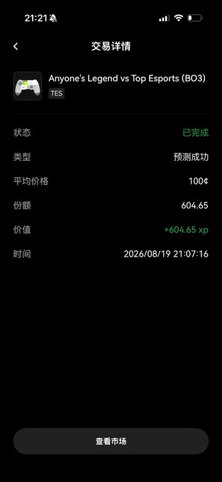 The image displays a transaction record titled "交易详情" (Transaction Details) for a prediction market bet on the esports match "Anyone's Legend vs Top Esports (BO3)," showing a successful prediction (预测成功) that earned +604.65 XP at a price of 100¢ for 604.65 shares. This aligns with the post's celebration of earning OKX XP through a winning bet on TES.