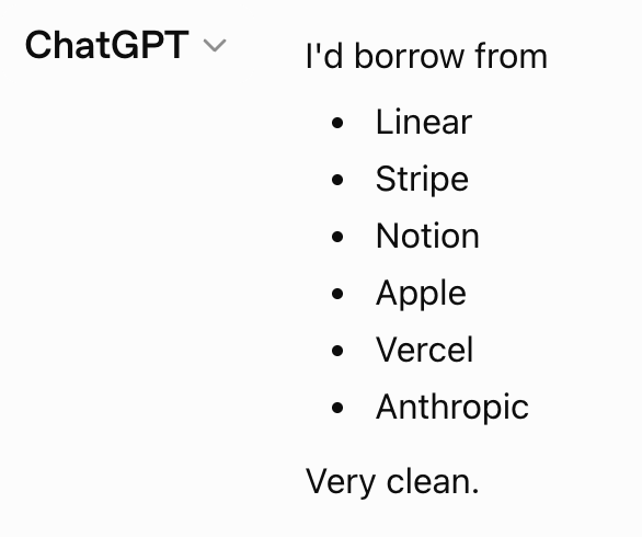 The image shows a ChatGPT response listing companies it would borrow design inspiration from—Linear, Stripe, Notion, Apple, Vercel, and Anthropic—with the conclusion "Very clean." The accompanying "fair play" caption appears to acknowledge ChatGPT's respectable taste in product design, as these are all renowned for their polished, minimalist interfaces.
