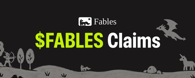 A promotional banner for '$FABLES Claims' featuring the Fables logo with a lion and elephant, alongside stylized silhouettes of mythological creatures on a dark background.