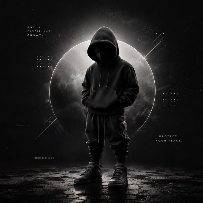 A moody black-and-white image of a hooded figure in sweats standing in front of a glowing circular light, with the text 'FOCUS DISCIPLINE GROWTH' on the left and 'PROTECT YOUR PEACE.' on the right.